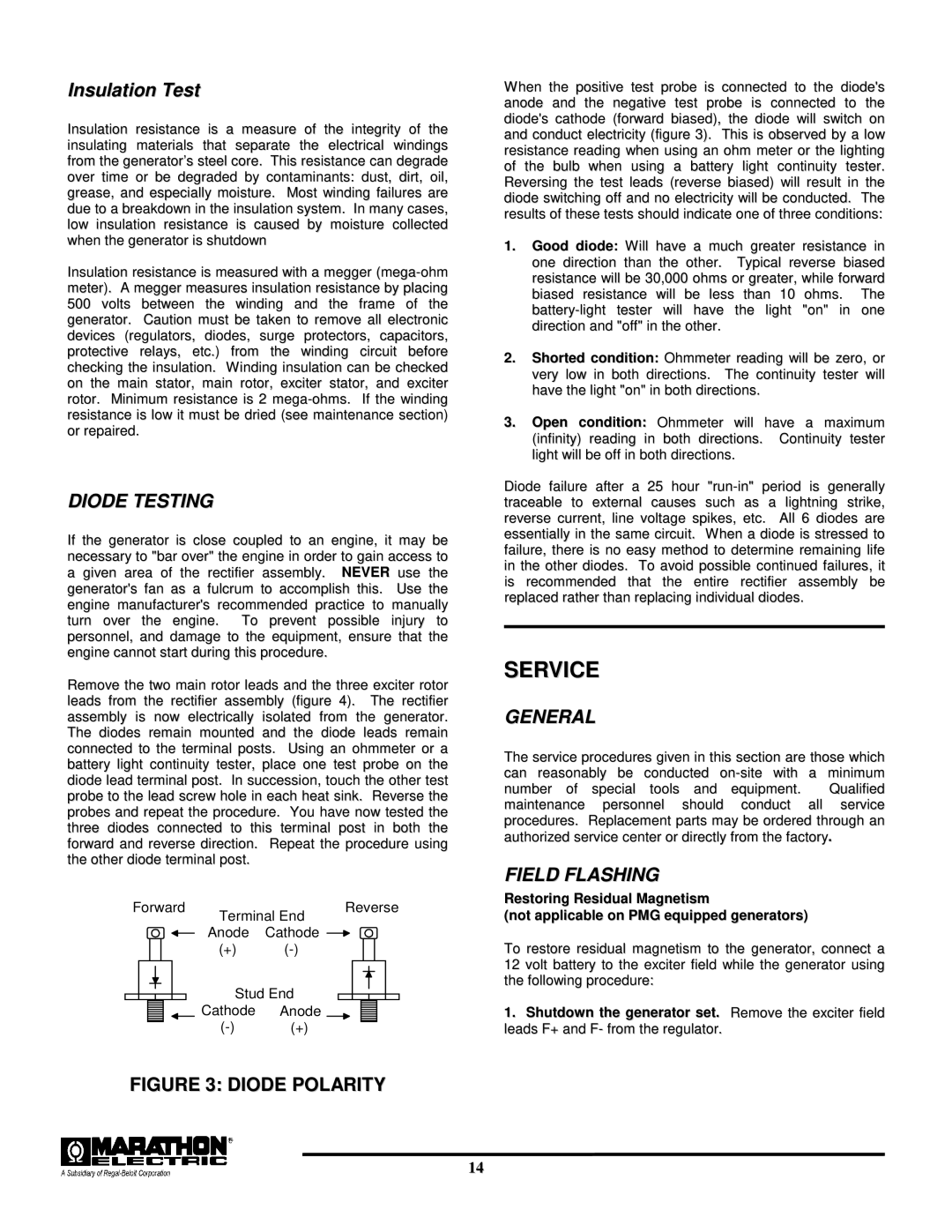 Baldor TS80, BALDOR GENERATORS, TS25, TS45, TS175, TS130 manual Service, Diode Testing, General, Field Flashing 