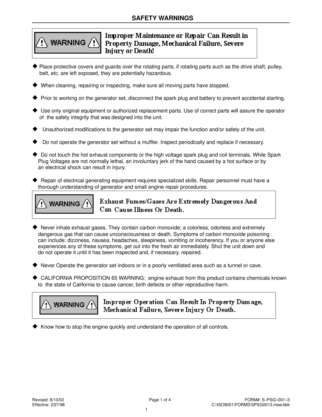 Baldor TS175, BALDOR GENERATORS, TS25, TS45, TS80, TS130 manual Safety Warnings 