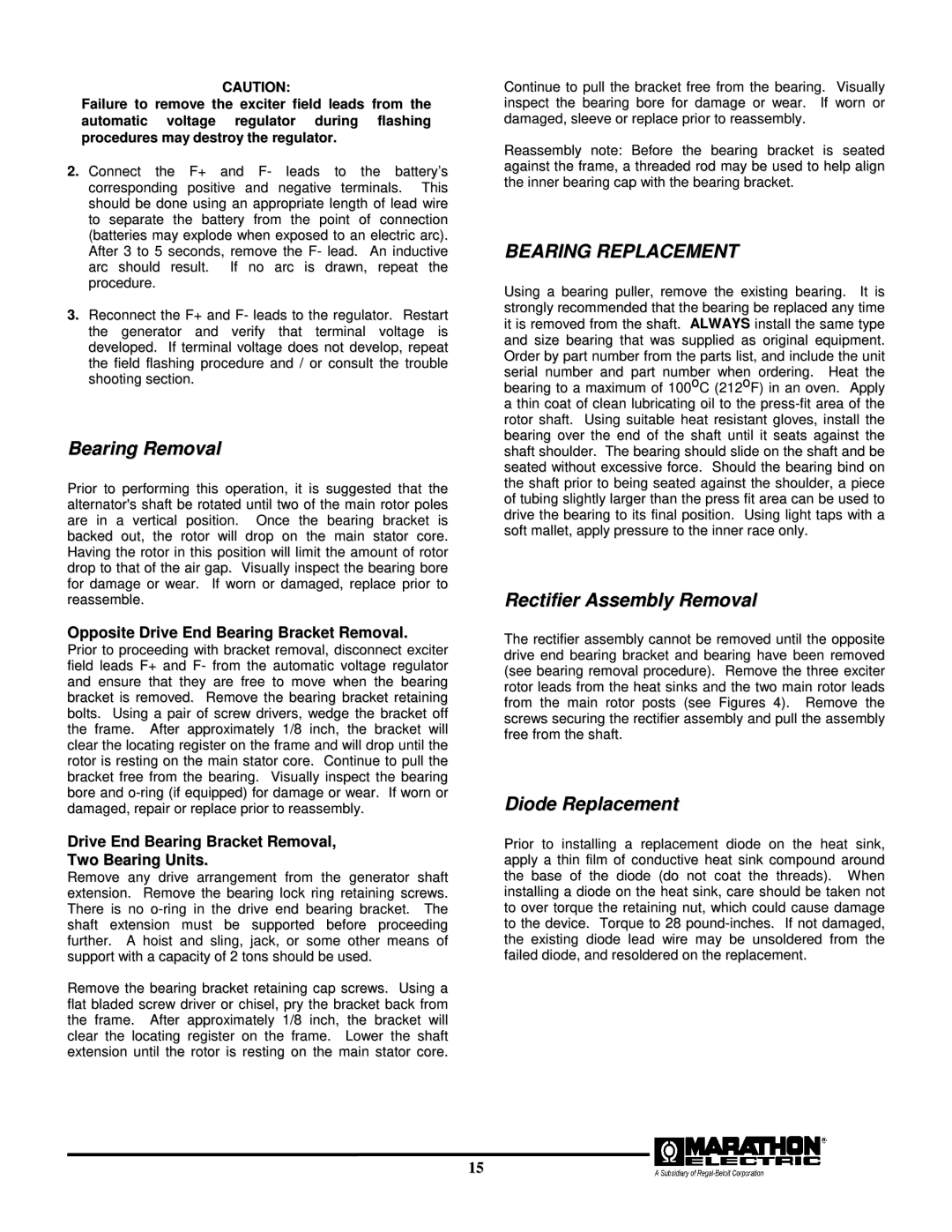 Baldor TS175, BALDOR GENERATORS, TS25, TS45, TS80, TS130 manual Bearing Removal, Bearing Replacement 