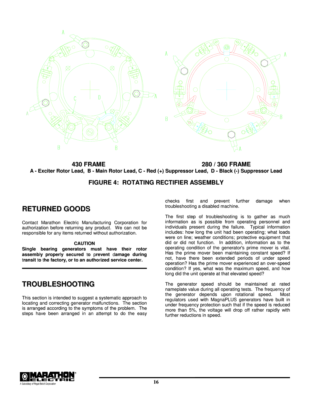 Baldor TS130, BALDOR GENERATORS, TS25, TS45, TS80, TS175 manual Returned Goods, Troubleshooting 