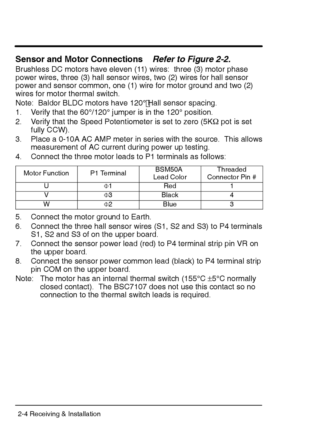 Baldor BSC 7107 DC Sensor and Motor Connections Refer to Figure, Connect the three motor leads to P1 terminals as follows 