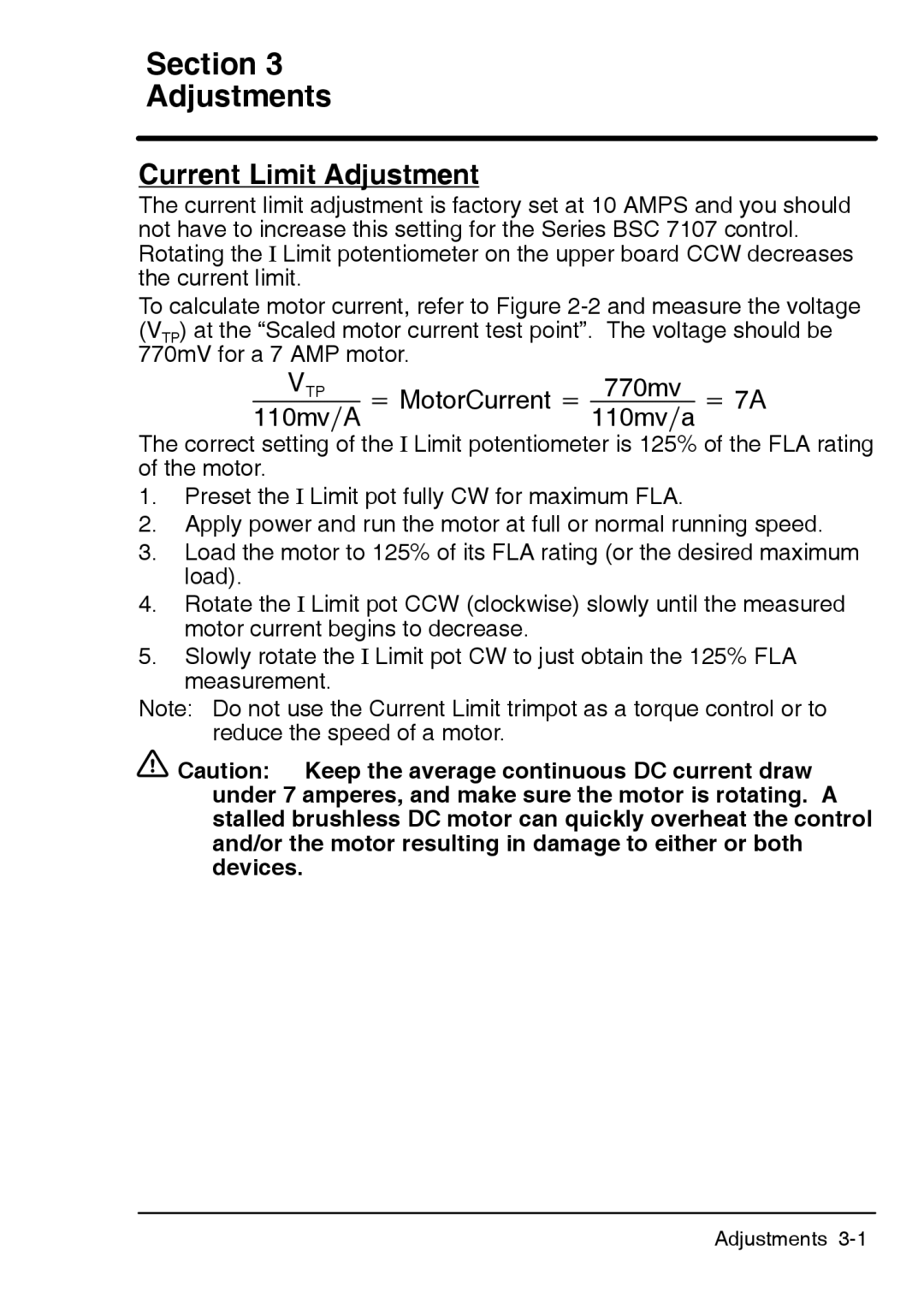 Baldor BSC 7107 DC manual Section Adjustments, Current Limit Adjustment 