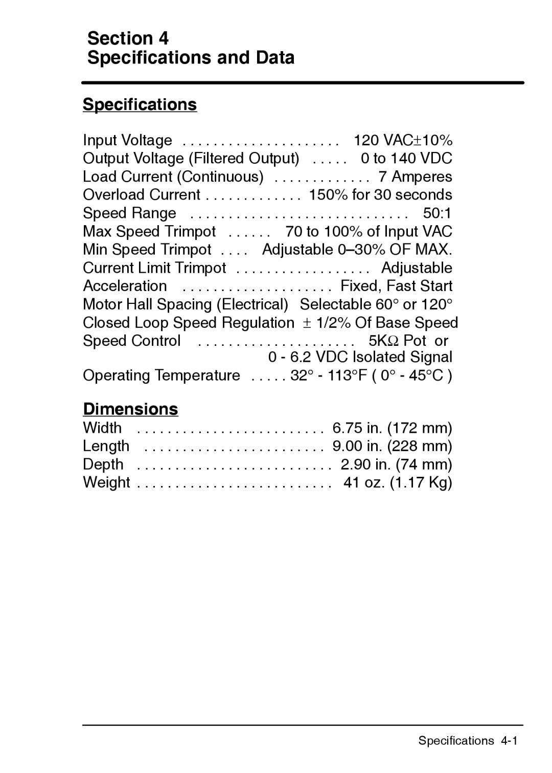 Baldor BSC 7107 DC manual Section Specifications and Data, Dimensions 