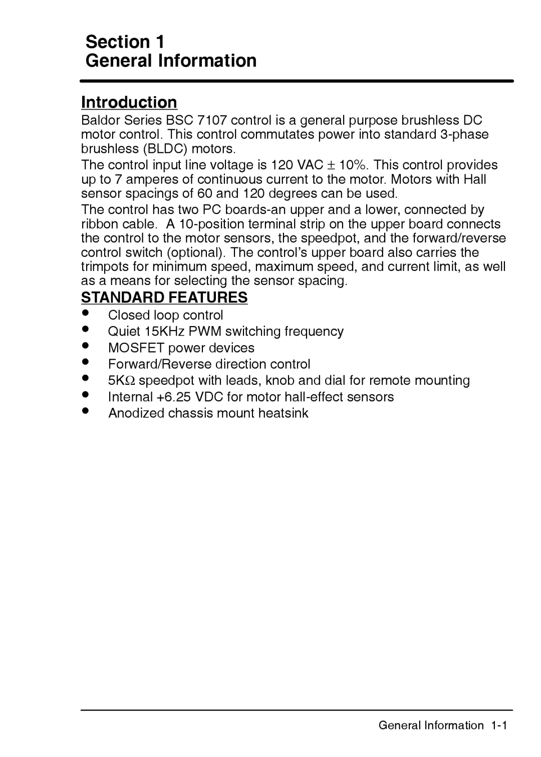 Baldor BSC 7107 DC manual Section General Information, Introduction 