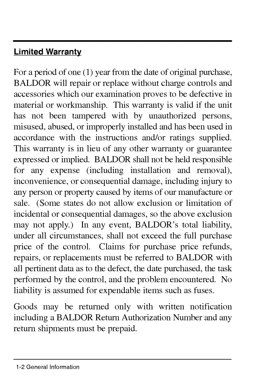 Baldor BSC 7107 DC manual Limited Warranty 