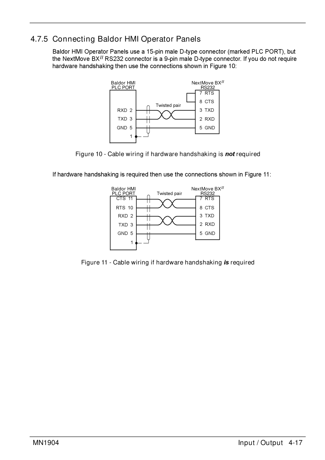 Baldor BXII installation manual Connecting Baldor HMI Operator Panels, Cable wiring if hardware handshaking is not required 