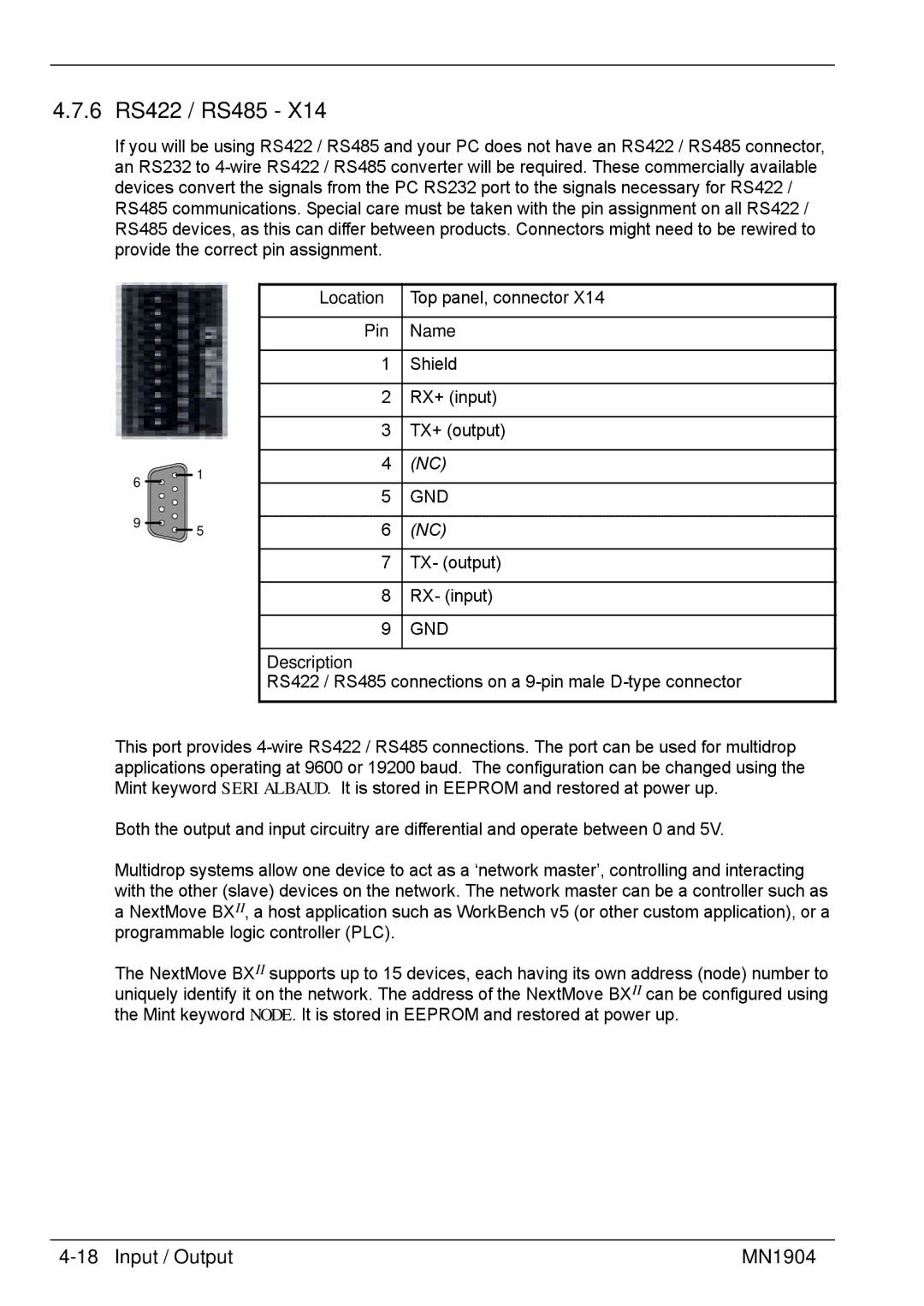 Baldor BXII installation manual 6 RS422 / RS485, RS422 / RS485 connections on a 9-pin male D-type connector 