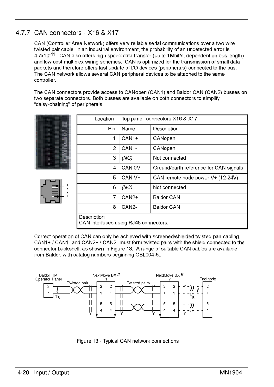 Baldor BXII installation manual Can connectors X16, Typical can network connections 