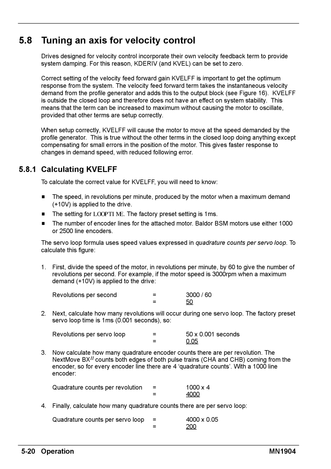 Baldor BXII installation manual Tuning an axis for velocity control, Calculating Kvelff 