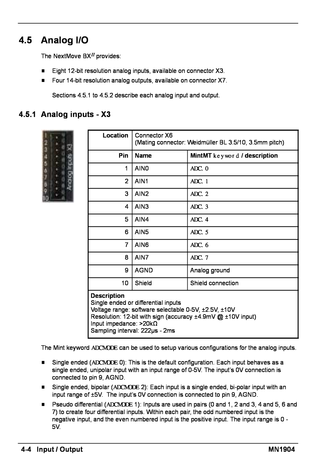 Baldor BXII installation manual Analog I/O, 4.5.1Analog inputs 