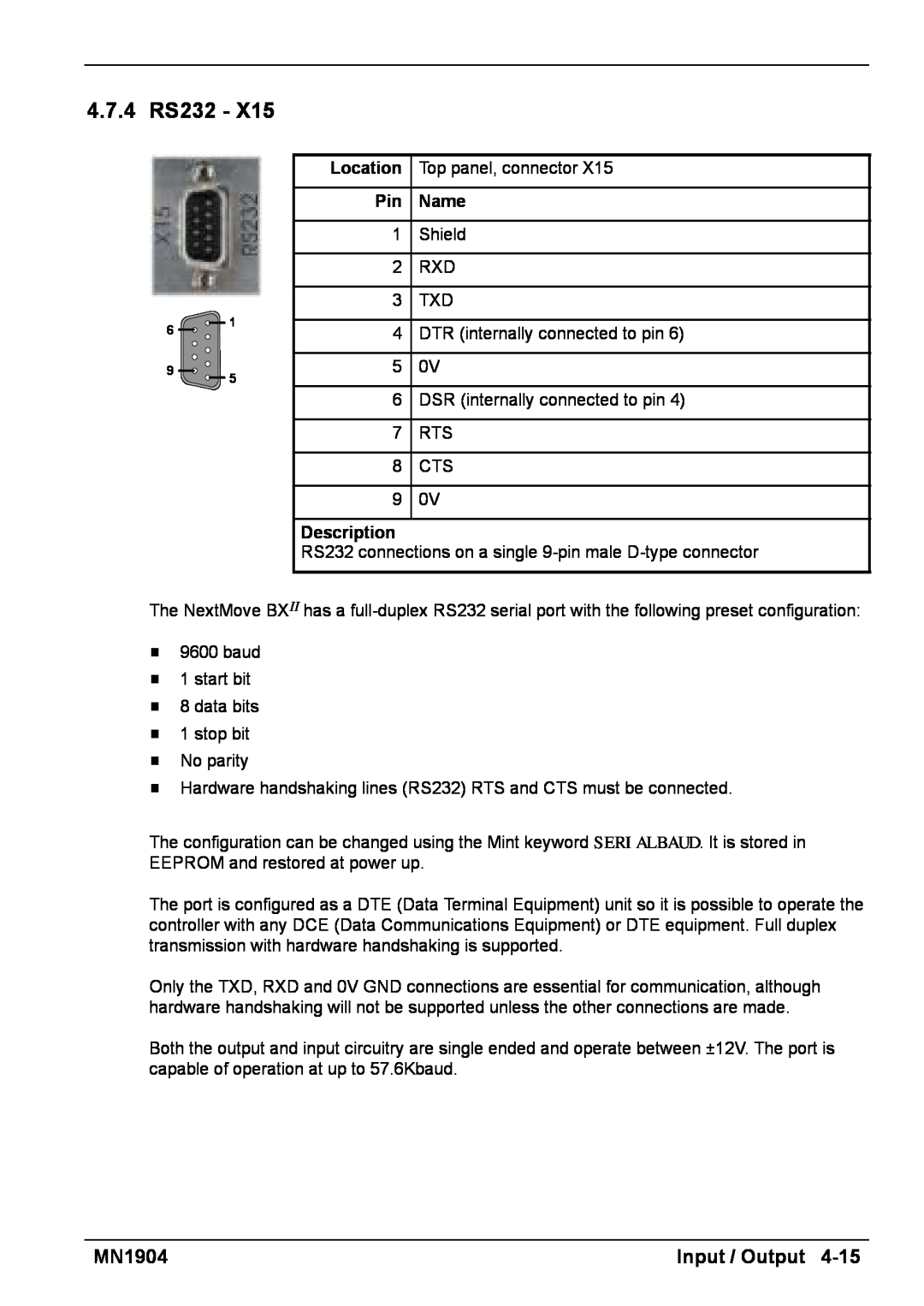 Baldor BXII installation manual 4.7.4 RS232, Pin Name, Description 