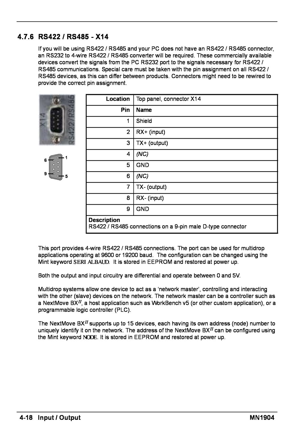 Baldor BXII installation manual 4.7.6 RS422 / RS485, 4-18Input / Output, MN1904, 4 NC, 6 NC 