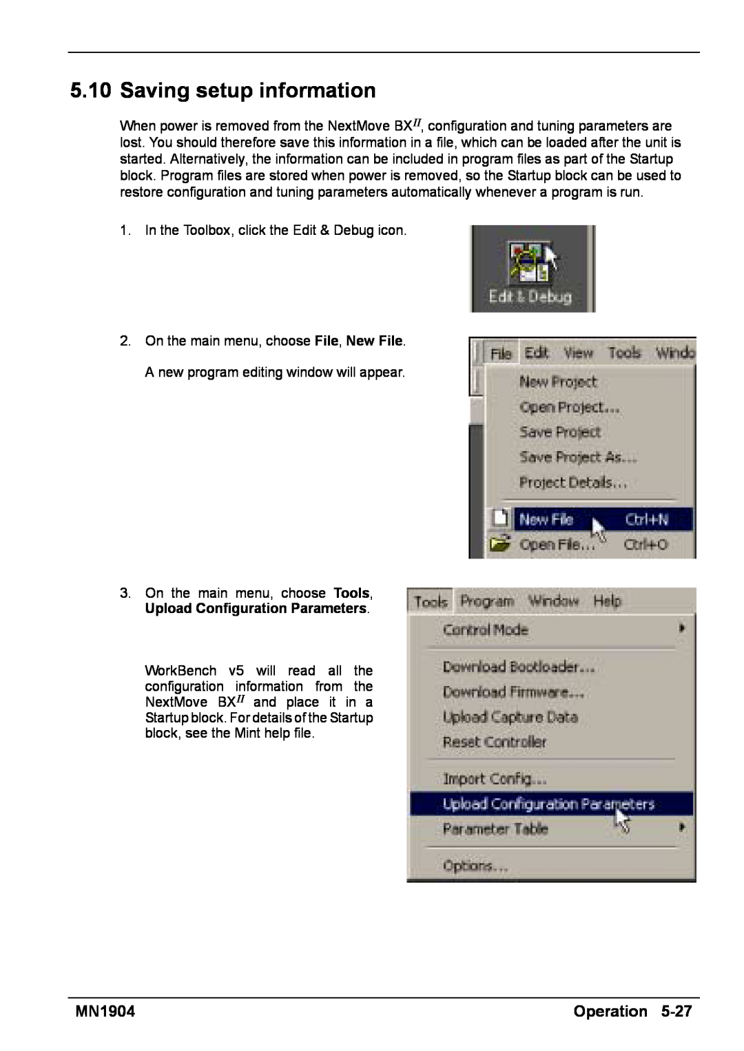 Baldor BXII installation manual Saving setup information, In the Toolbox, click the Edit & Debug icon 