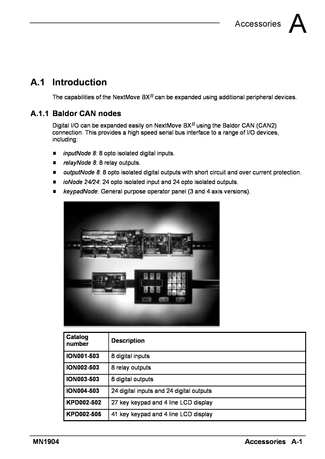 Baldor BXII installation manual A.1 Introduction, A Accessories A, A.1.1 Baldor CAN nodes 
