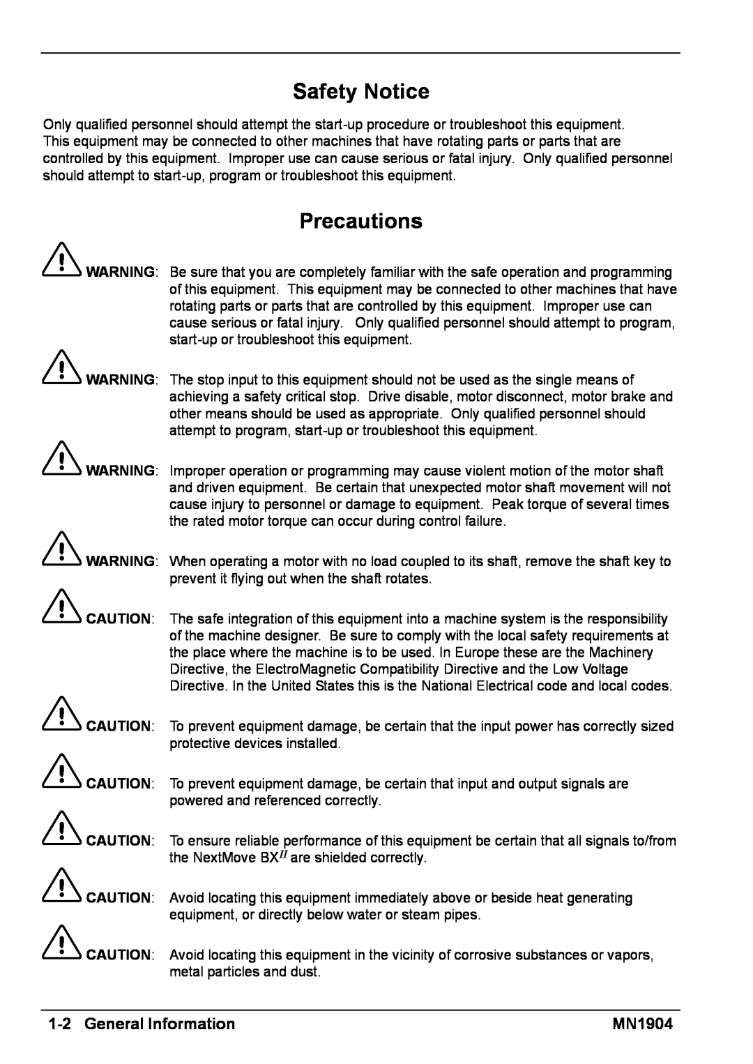 Baldor BXII installation manual Safety Notice, Precautions, 1-2General Information, MN1904 