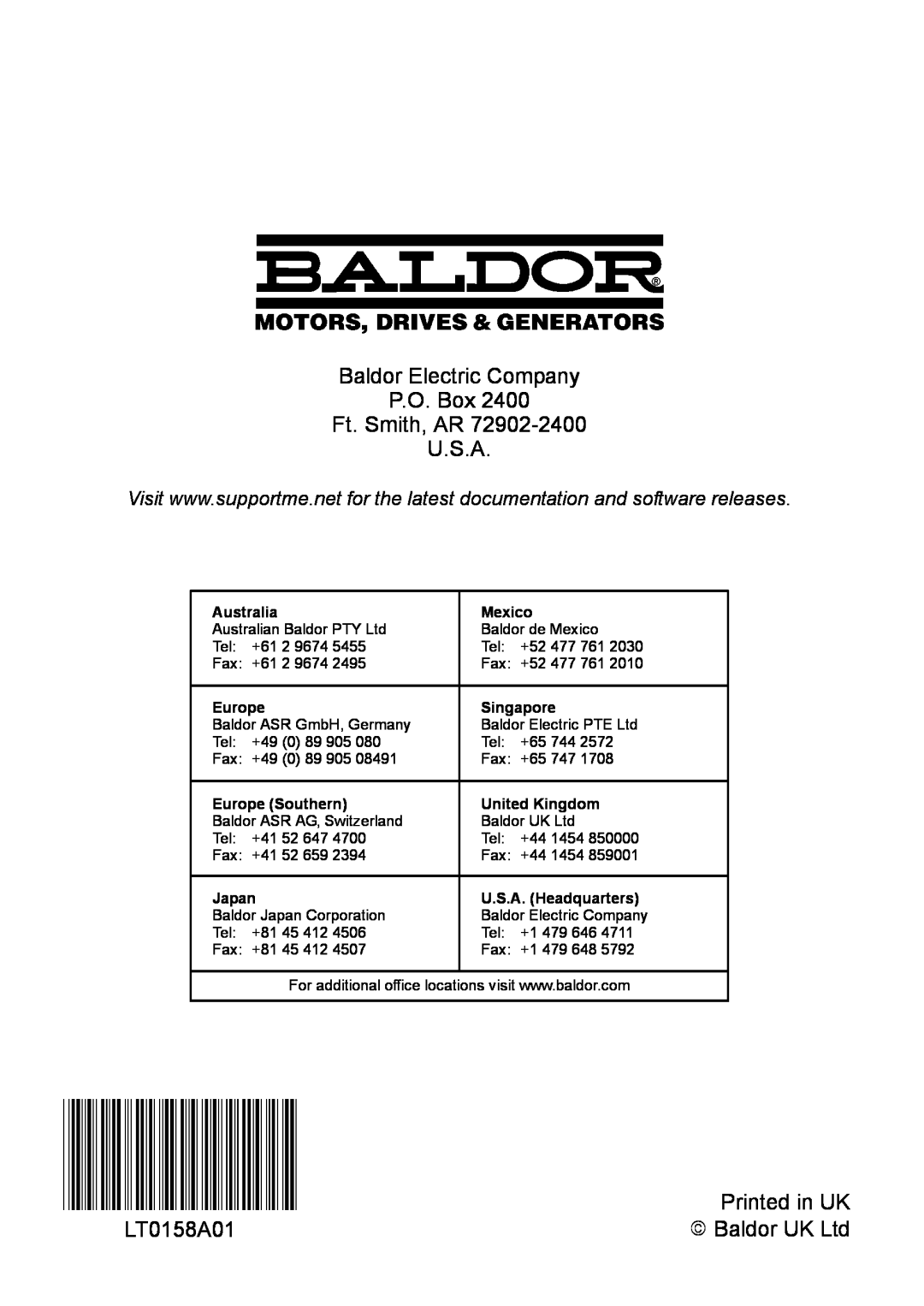 Baldor BXII Australia, Mexico, Singapore, Europe Southern, United Kingdom, Japan, U.S.A. Headquarters 