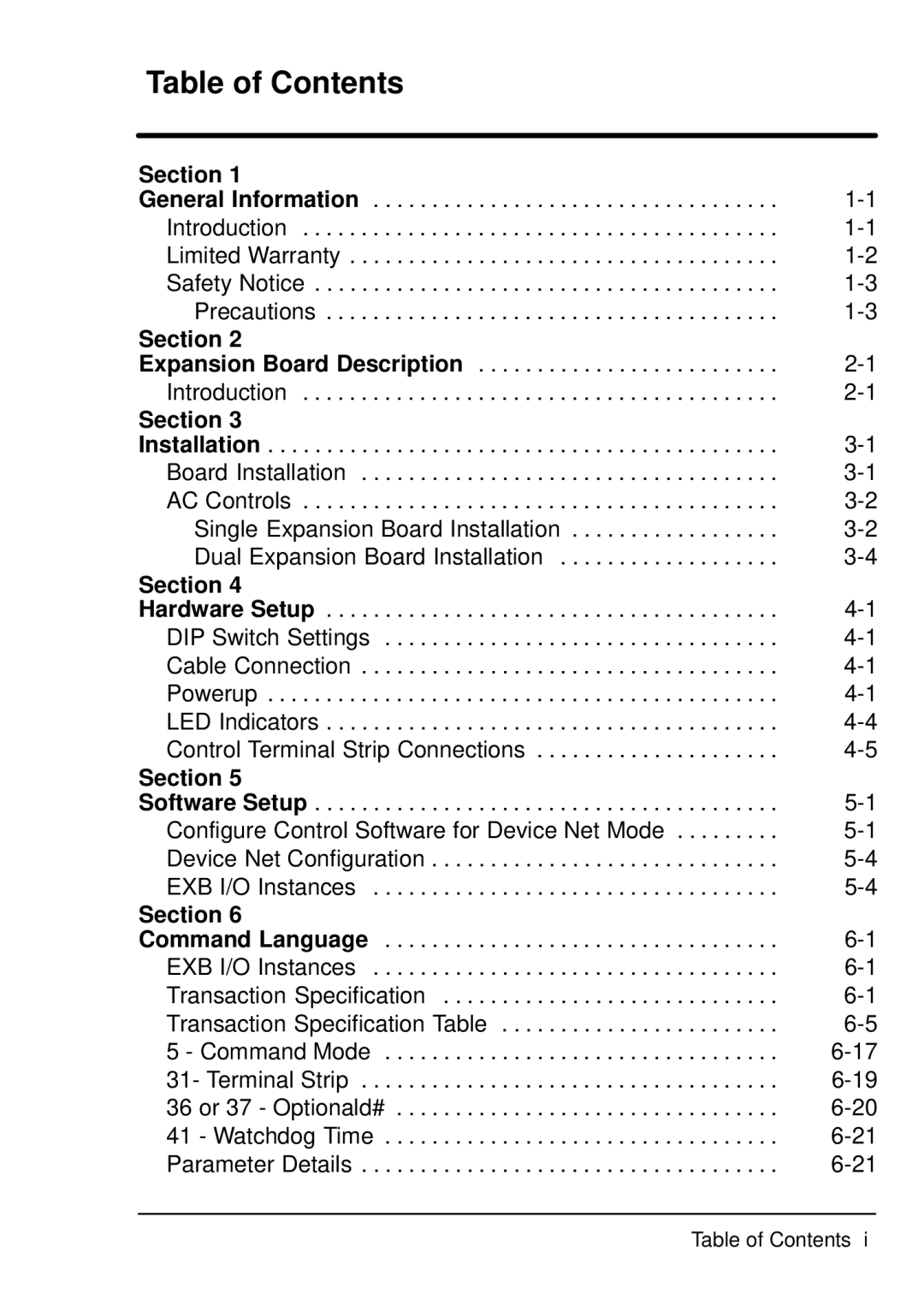 Baldor EXB013A01, Device Net Expansion Board manual Table of Contents 