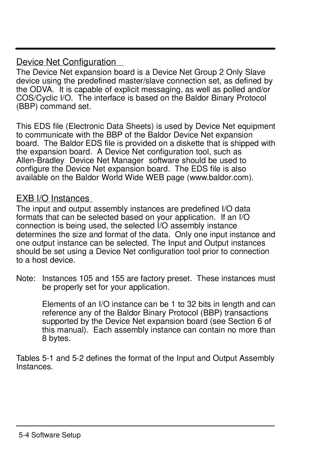 Baldor Device Net Expansion Board, EXB013A01 manual Device Net Configuration, EXB I/O Instances 