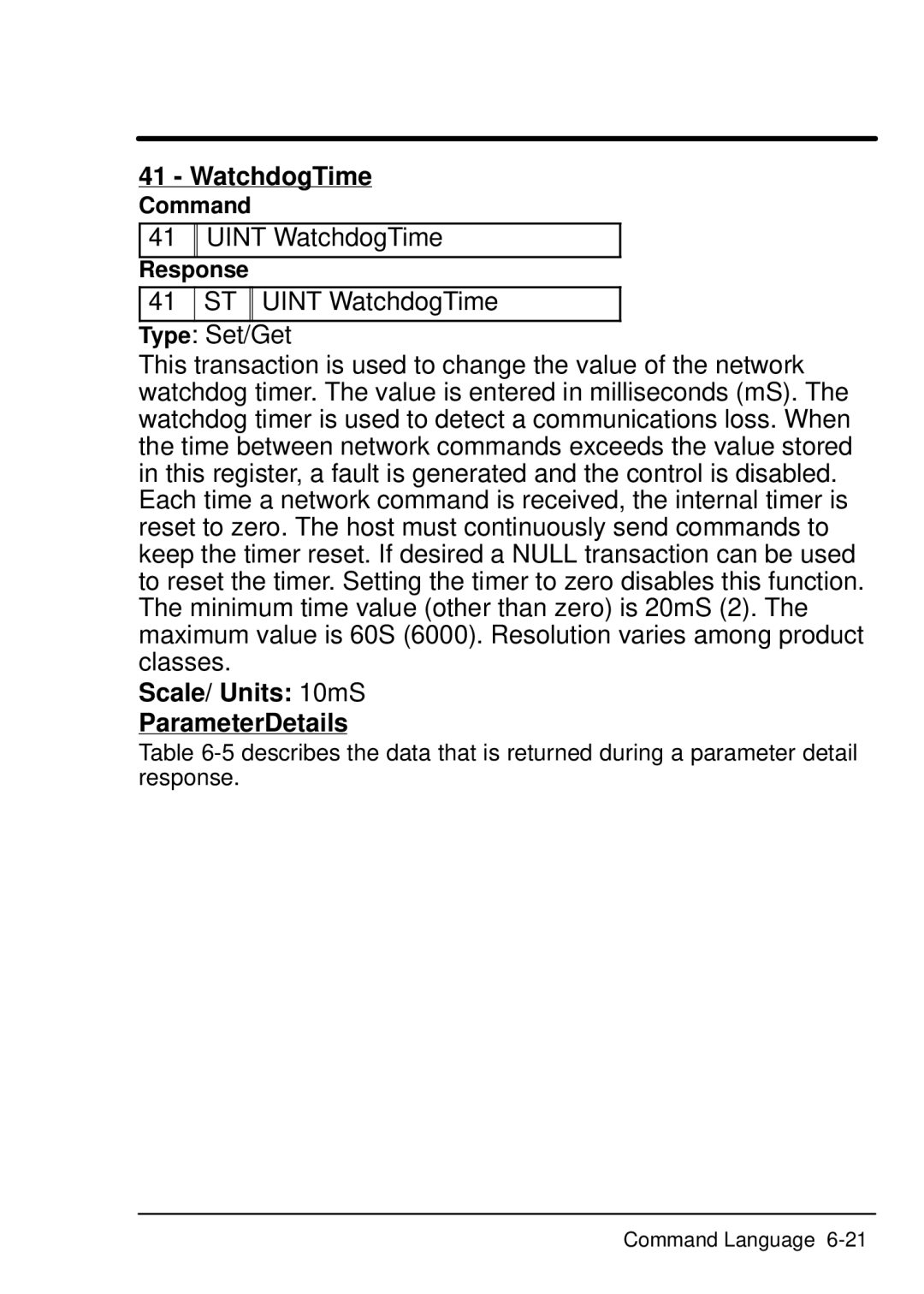 Baldor EXB013A01, Device Net Expansion Board manual WatchdogTime, Scale/ Units 10mS ParameterDetails 