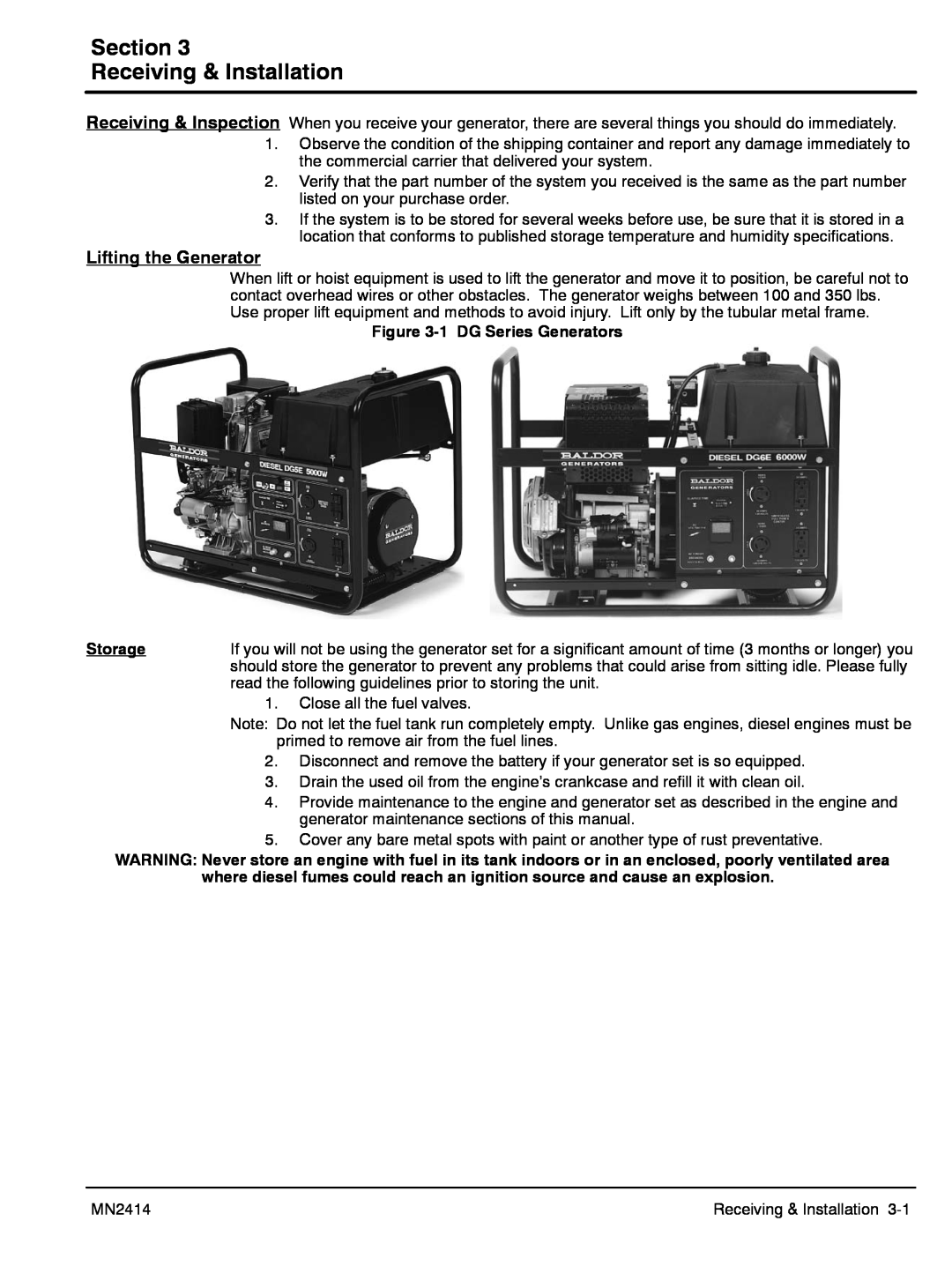Baldor DG6E, DG3E manual Section Receiving & Installation, Lifting the Generator 