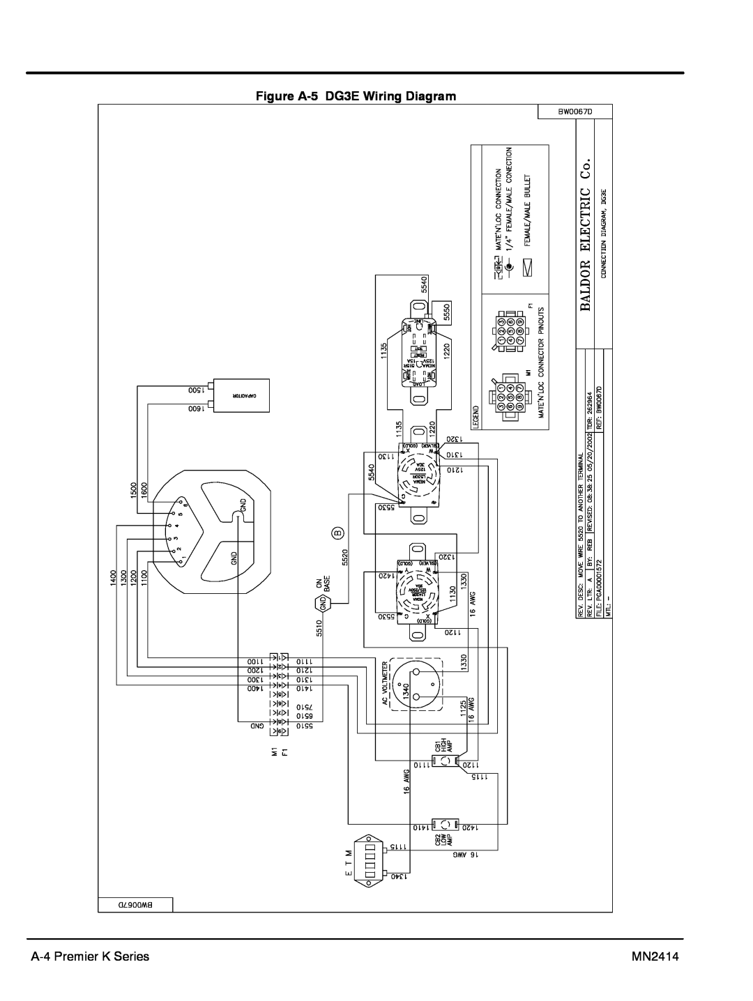 Baldor DG6E manual Figure A-5 DG3E Wiring Diagram, A-4 Premier K Series, MN2414 