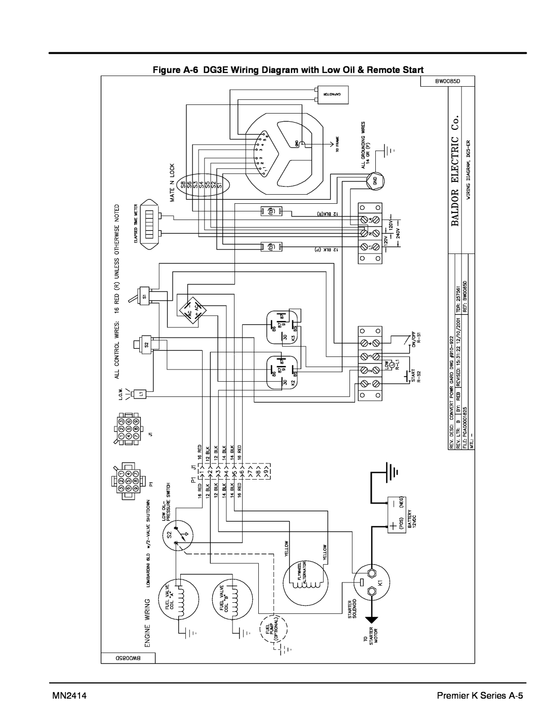 Baldor DG6E manual Figure A-6 DG3E Wiring Diagram with Low Oil & Remote Start, MN2414, Premier K Series A-5 