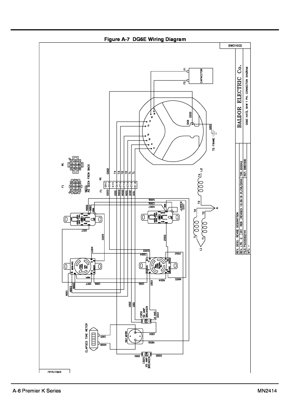 Baldor DG3E manual Figure A-7 DG6E Wiring Diagram, A-6 Premier K Series, MN2414 