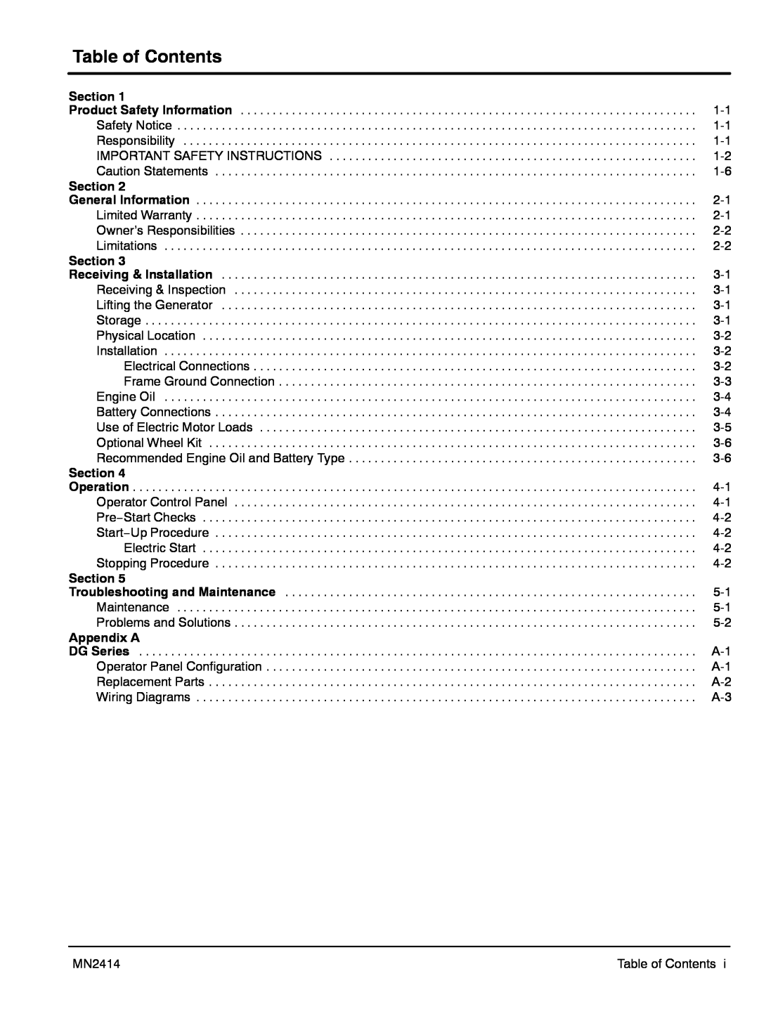 Baldor DG6E, DG3E manual Table of Contents, MN2414 