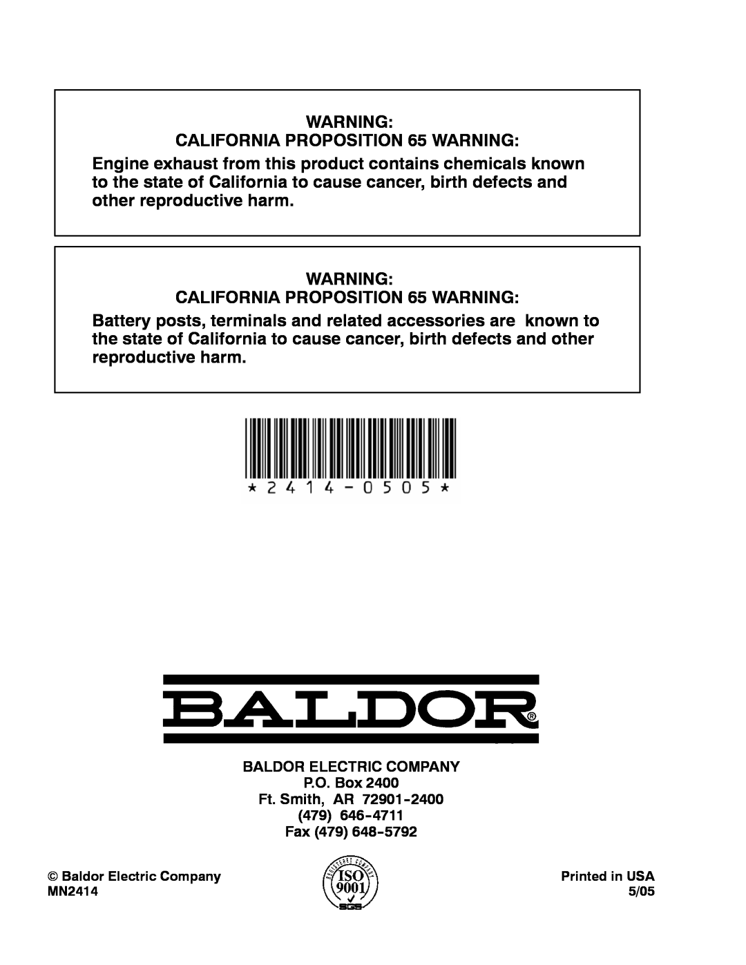Baldor DG3E BALDOR ELECTRIC COMPANY P.O. Box Ft. Smith, AR 479 Fax 479, Baldor Electric Company, Printed in USA, MN2414 