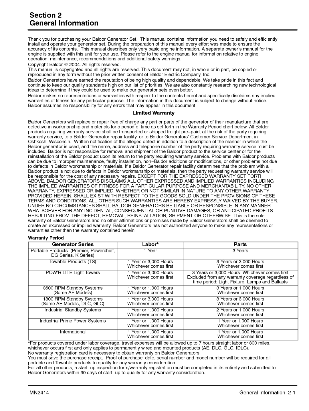 Baldor DG6E, DG3E manual Section General Information, Limited Warranty, Labor Parts 