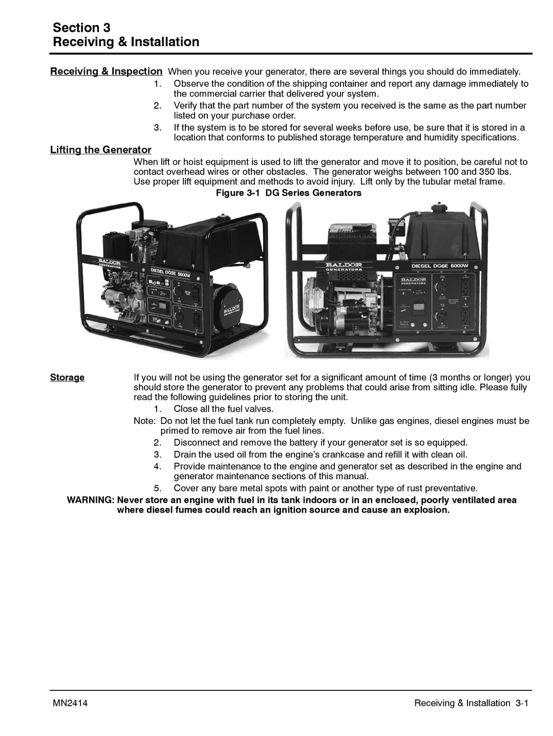 Baldor DG6E, DG3E manual Section Receiving & Installation, DG Series Generators Storage 