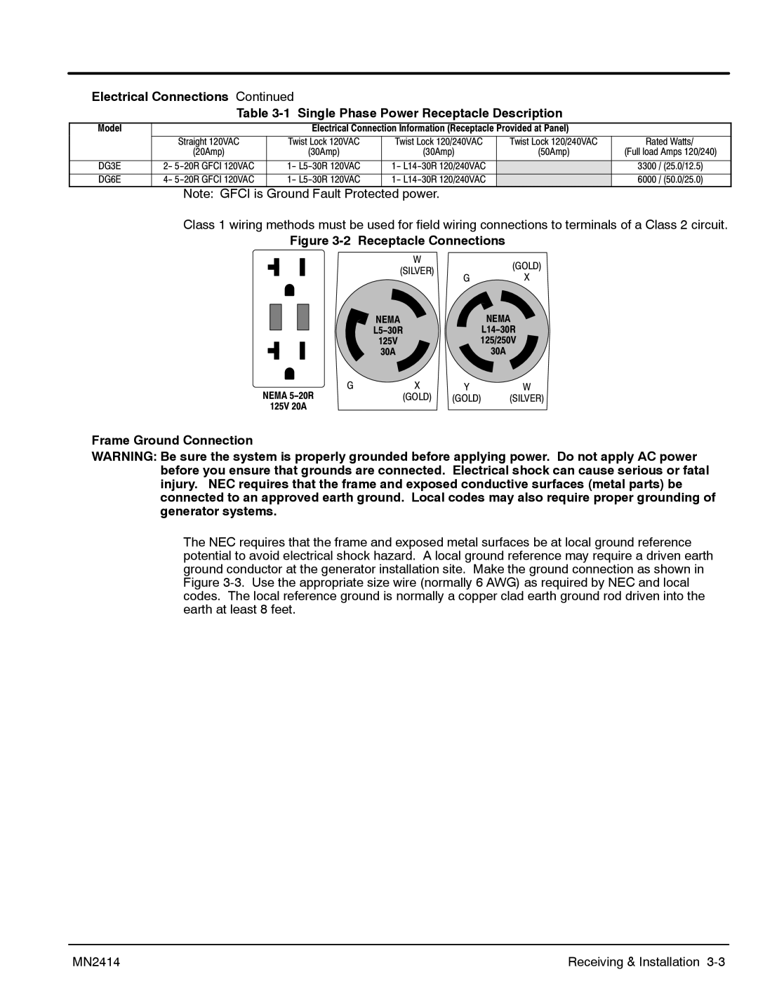 Baldor DG6E, DG3E manual Receptacle Connections, Frame Ground Connection 