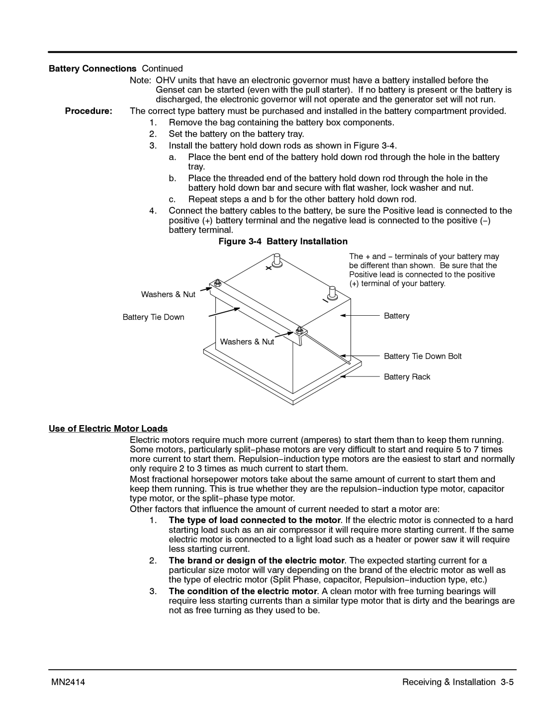 Baldor DG6E, DG3E manual Battery Connections, Use of Electric Motor Loads 