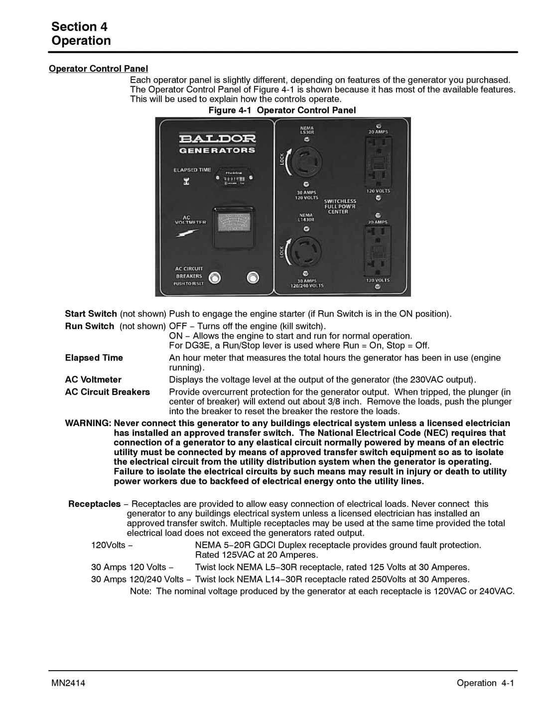 Baldor DG6E, DG3E manual Section Operation, Operator Control Panel, Elapsed Time, AC Voltmeter, AC Circuit Breakers 