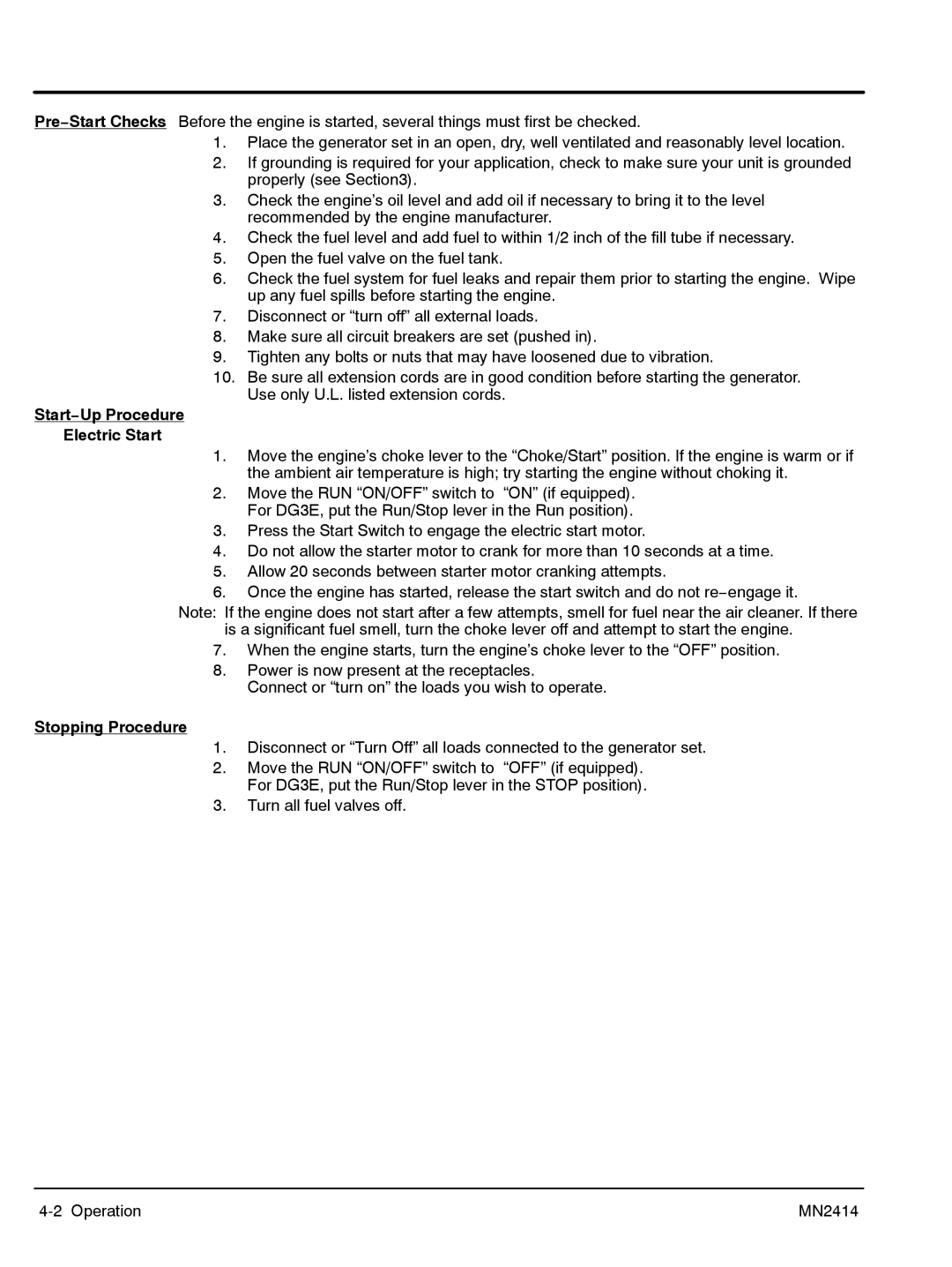 Baldor DG3E, DG6E manual Start−Up Procedure Electric Start, Stopping Procedure 