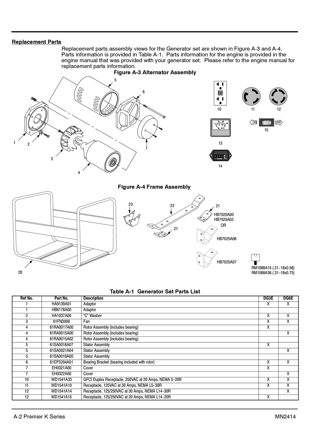 Baldor DG3E, DG6E manual Replacement Parts, Table A-1 Generator Set Parts List 