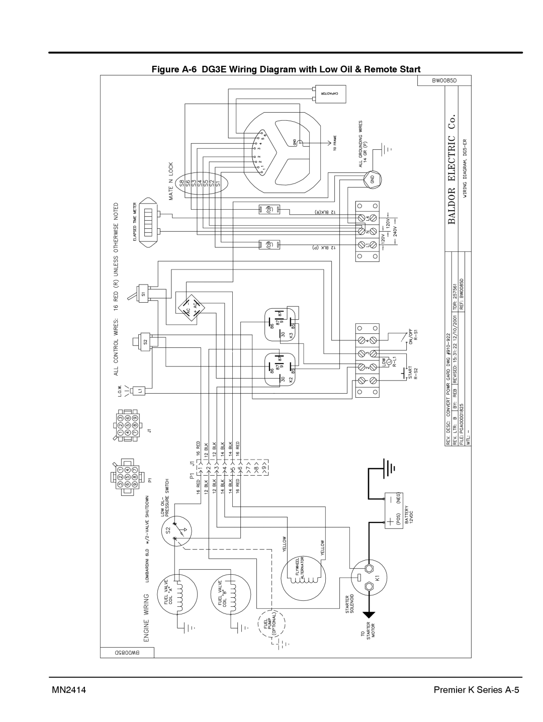 Baldor DG6E manual Figure A-6 DG3E Wiring Diagram with Low Oil & Remote Start 