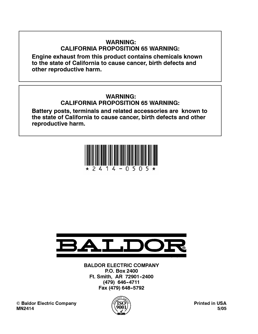 Baldor DG3E, DG6E manual California Proposition 65 Warning 