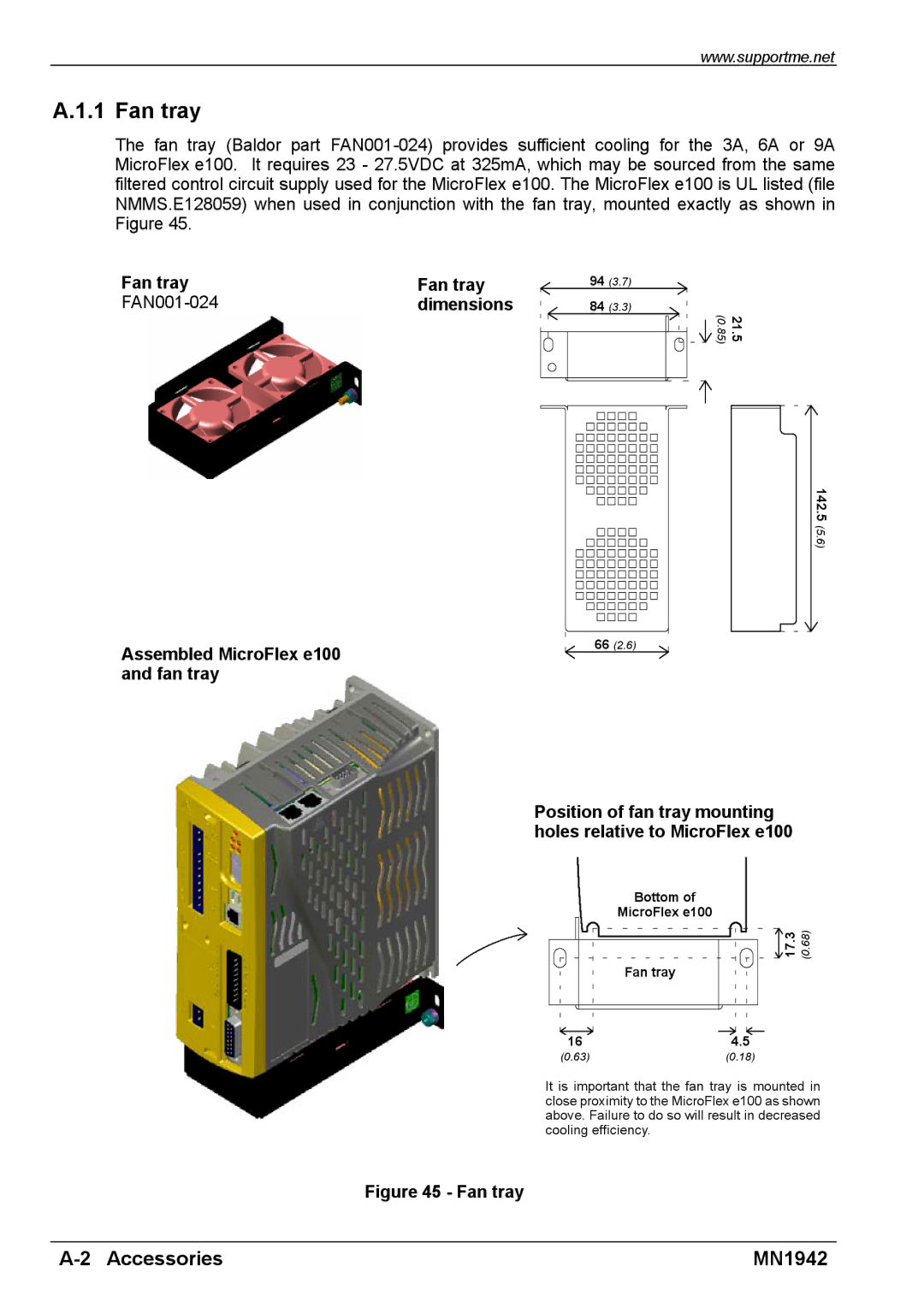 Baldor E100 manual Fan tray FAN001-024 Dimensions, Assembled MicroFlex e100 and fan tray 