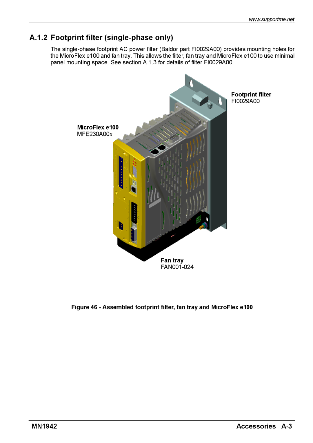 Baldor E100 manual Footprint filter single-phase only 