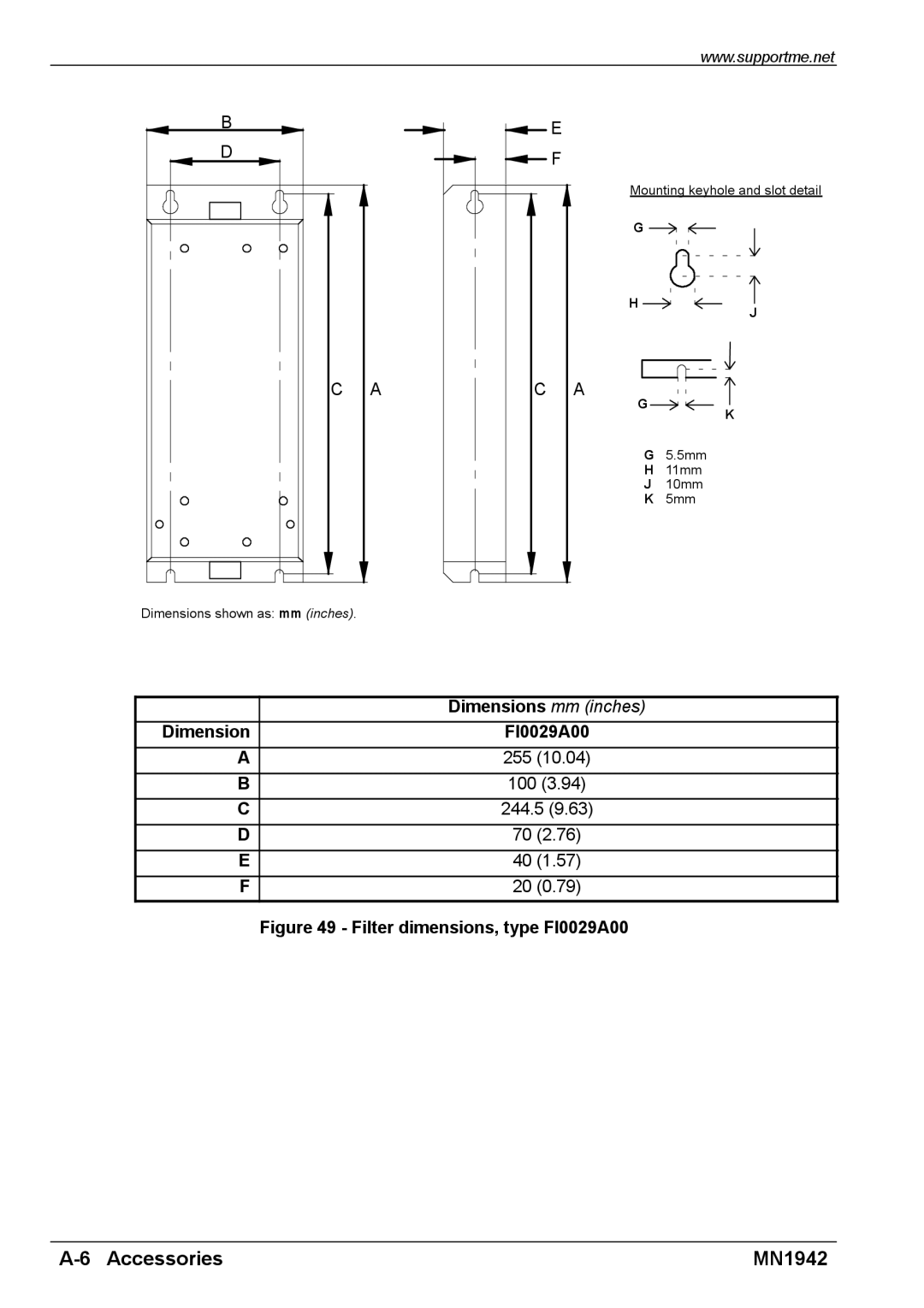 Baldor E100 manual Filter dimensions, type FI0029A00 