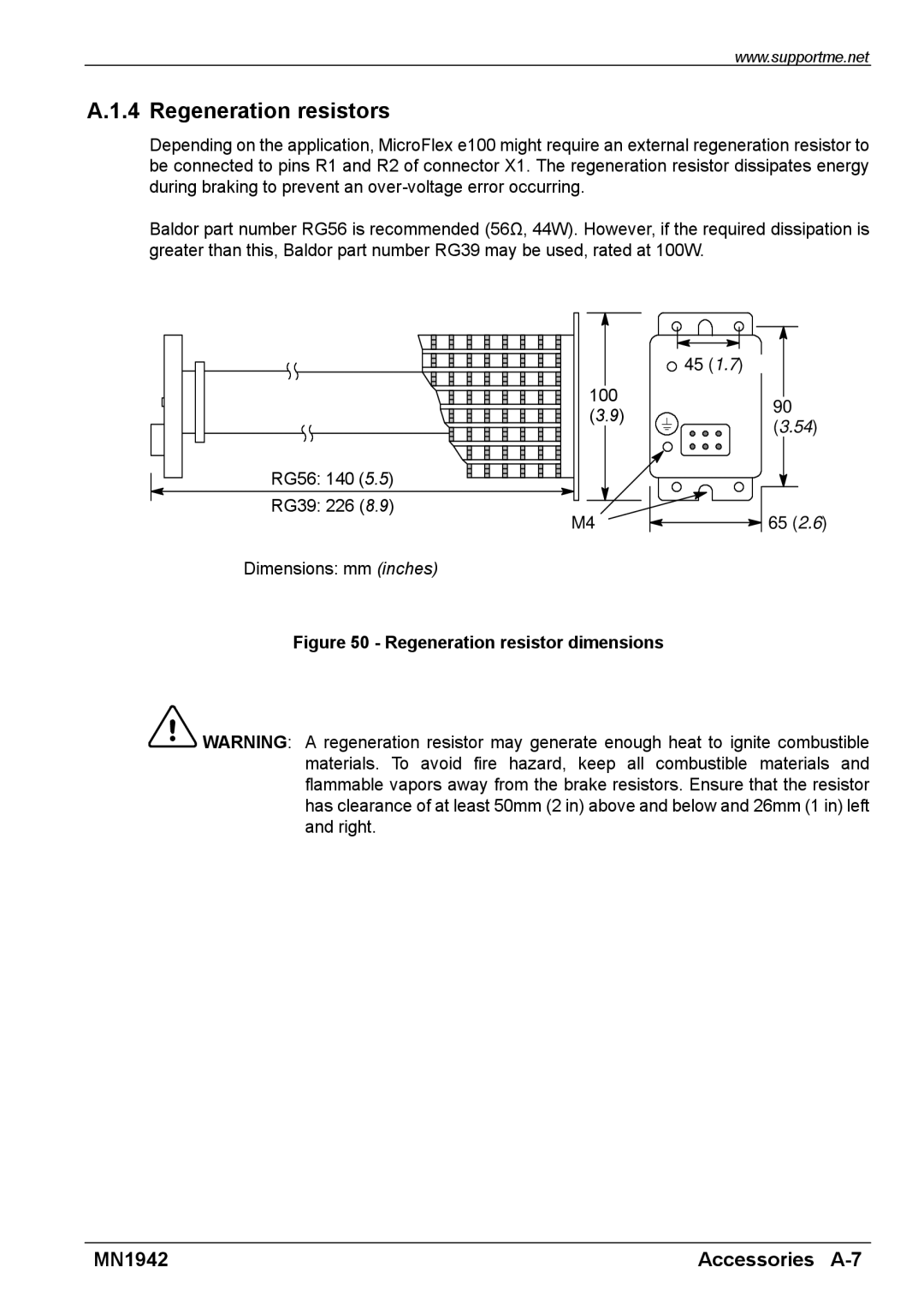 Baldor E100 manual Regeneration resistors, Regeneration resistor dimensions 