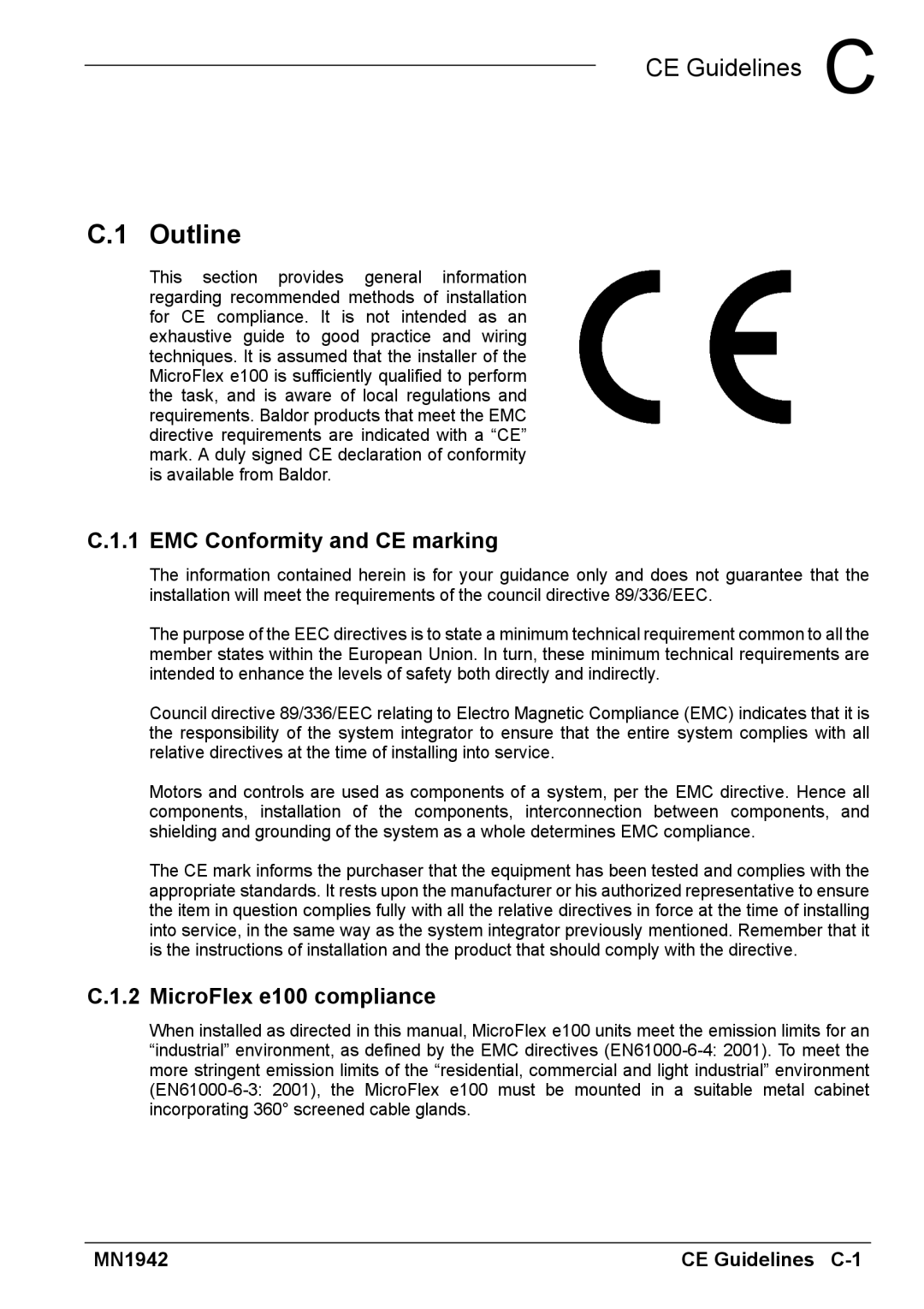 Baldor E100 manual Outline, EMC Conformity and CE marking, MicroFlex e100 compliance 