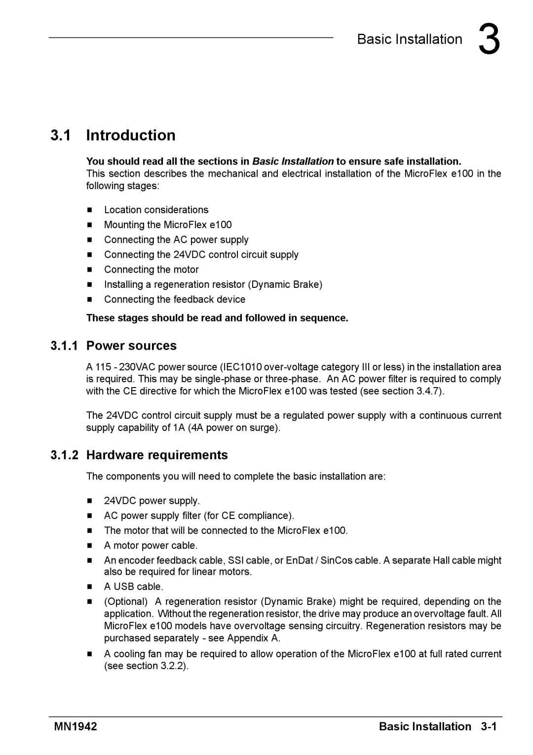 Baldor E100 manual Introduction, Power sources, Hardware requirements, These stages should be read and followed in sequence 