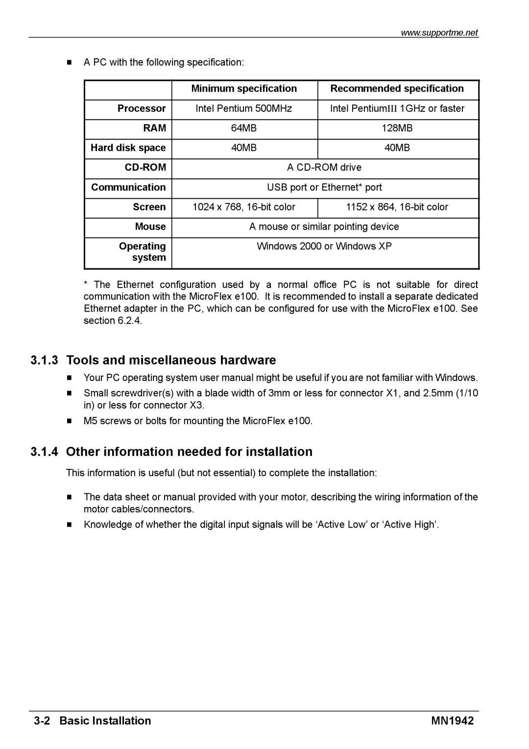 Baldor E100 manual Tools and miscellaneous hardware, Other information needed for installation 