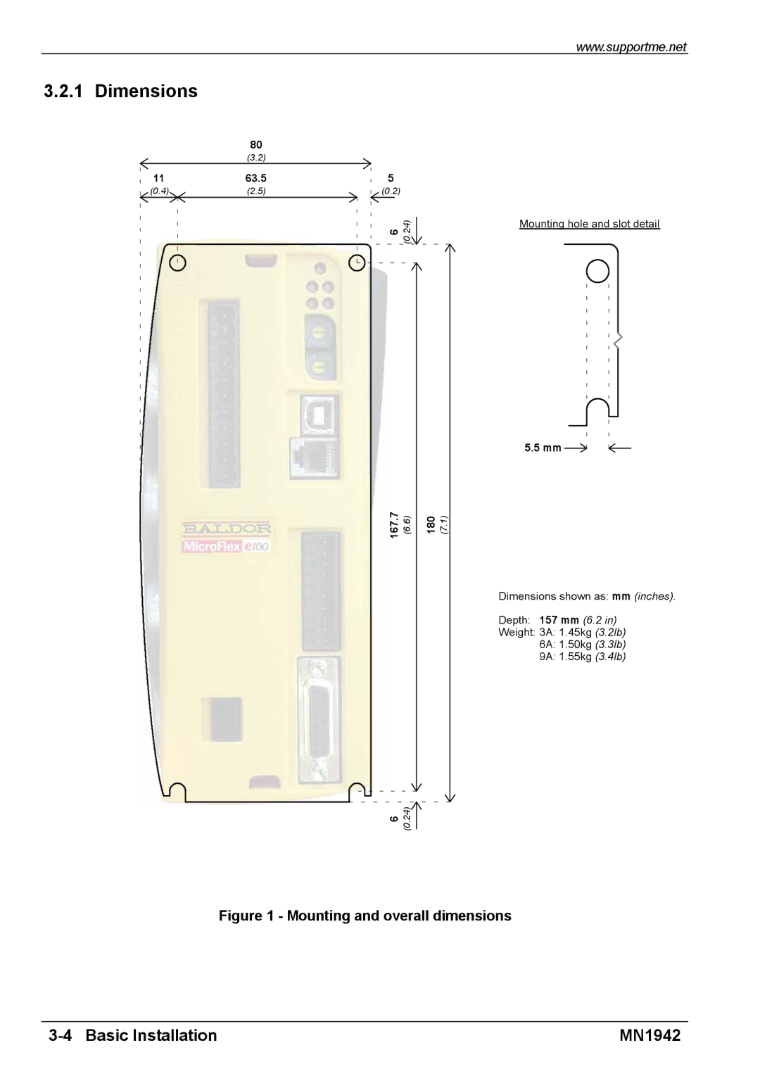 Baldor E100 manual Dimensions, Mounting and overall dimensions 