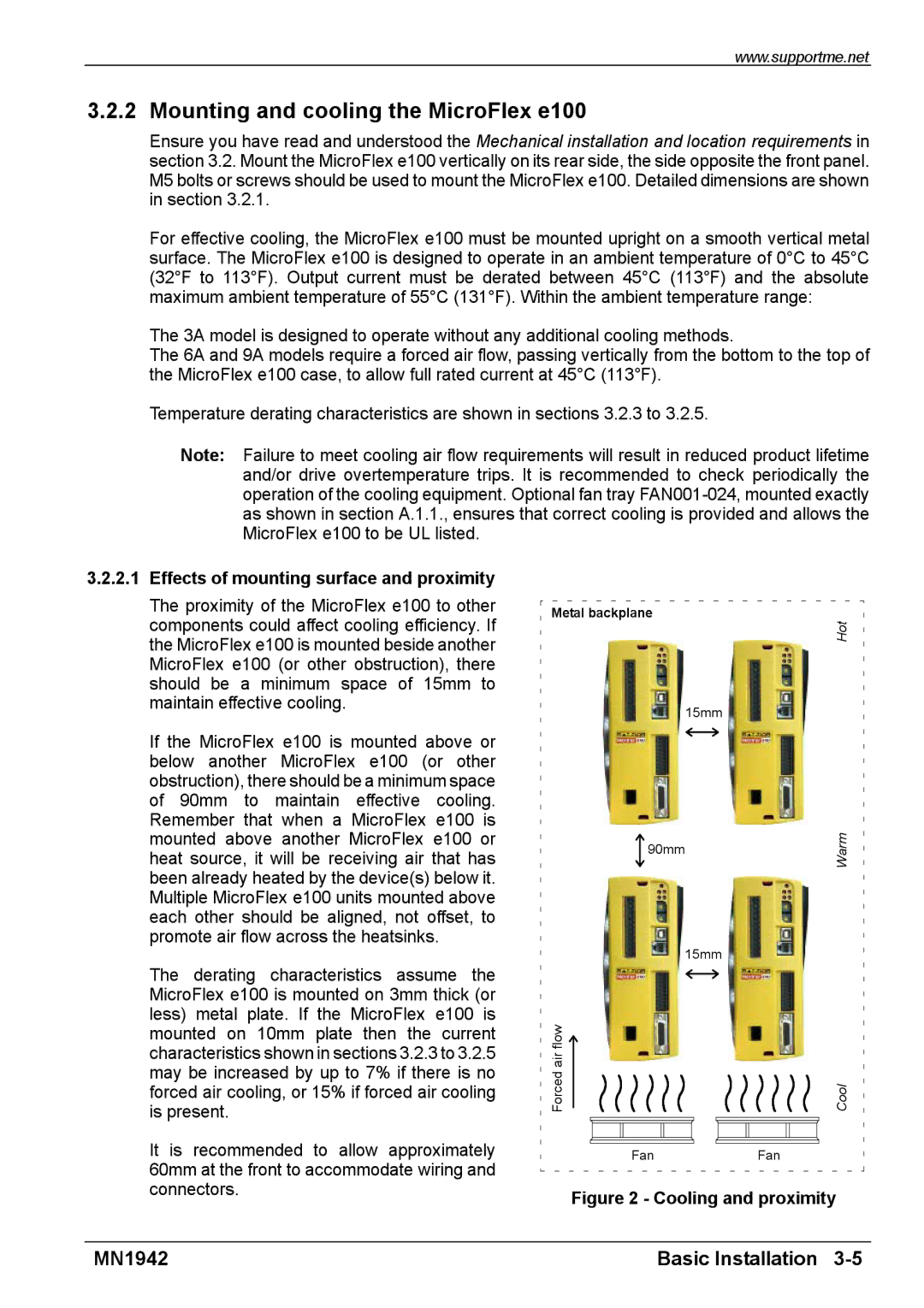 Baldor E100 manual Mounting and cooling the MicroFlex e100, Effects of mounting surface and proximity 