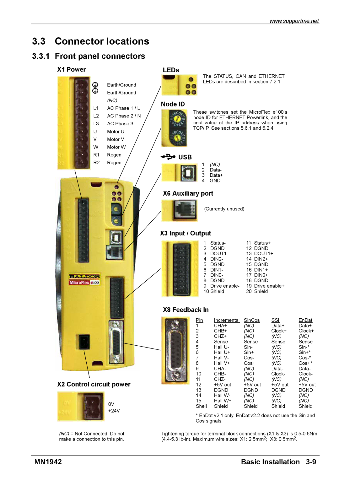 Baldor E100 manual Connector locations, Front panel connectors 