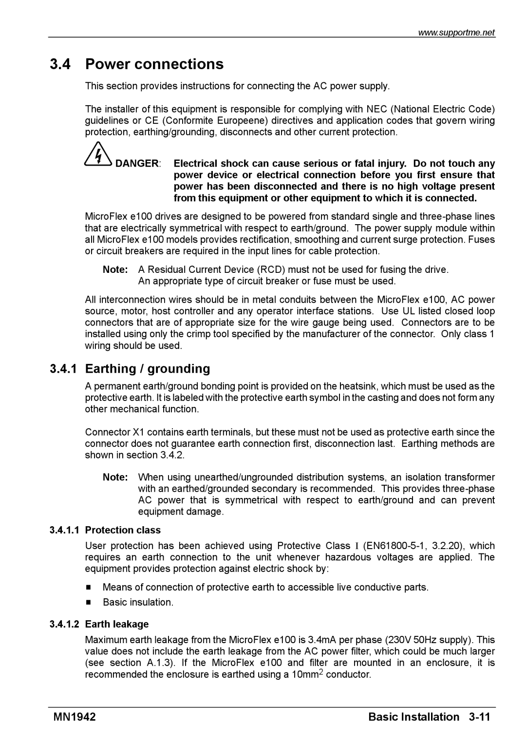 Baldor E100 manual Power connections, Earthing / grounding, Protection class, Earth leakage 