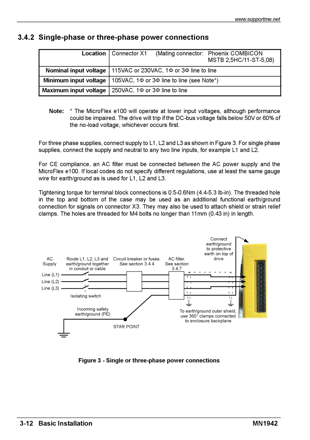 Baldor E100 manual Single-phase or three-phase power connections, Location, Nominal input voltage 